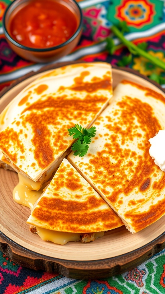 Sliced cheesy quesadilla on a wooden plate with salsa and sour cream.